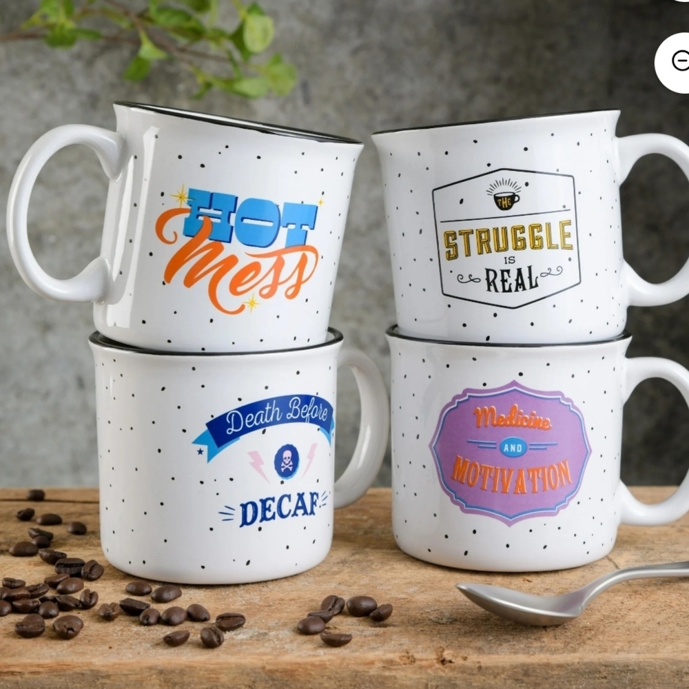 NEW Set of (4) 18oz Coffee/Tea Mugs with Adorable Sayings Phrases Quotes